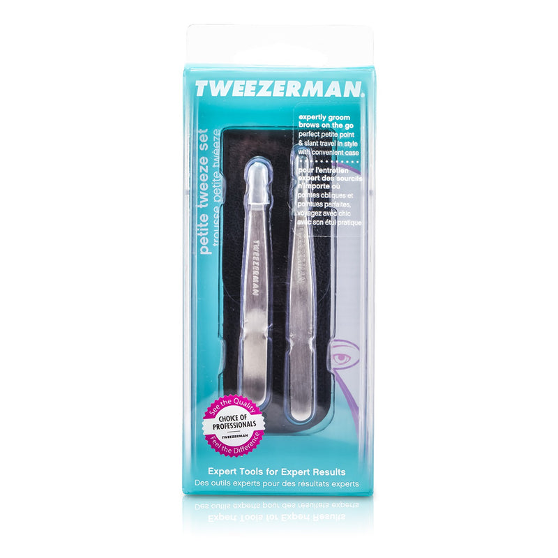Petite Tweeze Set: Slant Tweezer + Point Tweezer - (With Black Leather Case)
